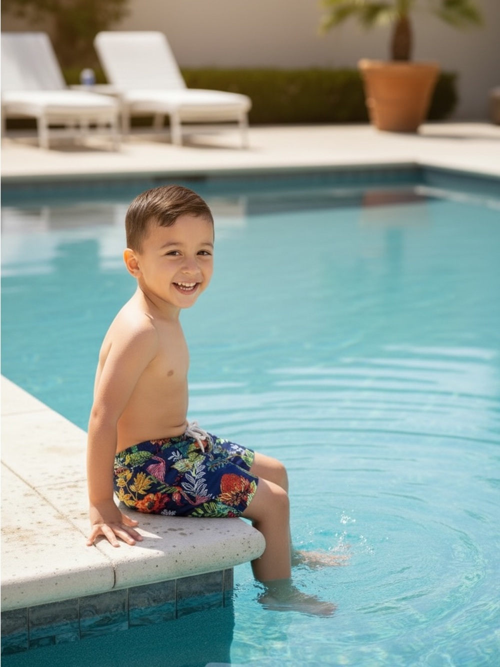 JANIE AND JACK Navy Tropical Flamingo Swim Trunks - Size 2T